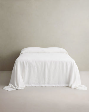 A neatly made bed with white sheets and pillows, set against a plain light-colored wall and floor, creates a minimalist and serene atmosphere, enhanced by the Heavyweight Linen Bedcover - White, which exemplifies European luxury bedding.